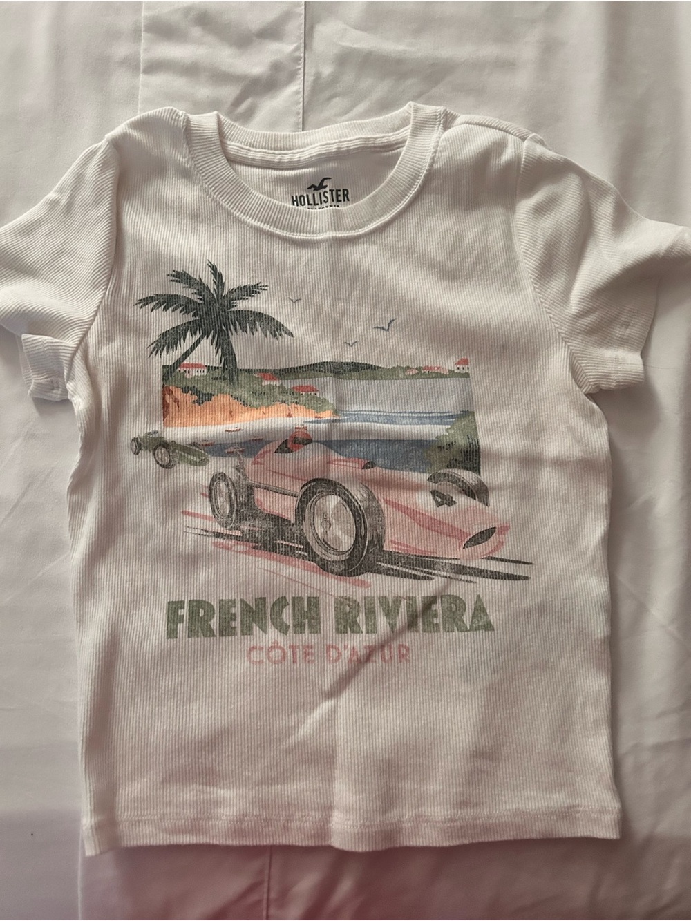 Hollister White Short-Sleeve Tee with Pink & Green Riviera Race Car Graphic